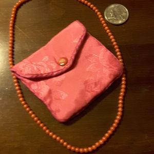 Vintage Coral Bead Necklace & matching snap purse